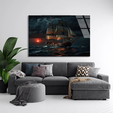Fırtınada Yelkenli Gemi Cam Tablo 125x80 cm