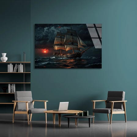Fırtınada Yelkenli Gemi Cam Tablo 50x35 cm