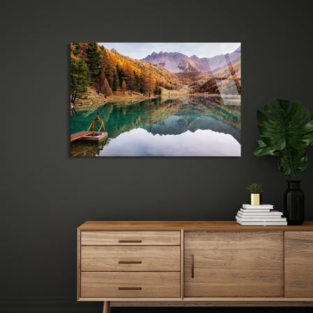 Sonbahar Dağ Gölü Cam Tablo 50x35 cm