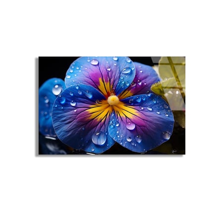 Çiy Damlalı Mavi Menekşe Cam Tablo 50x35 cm