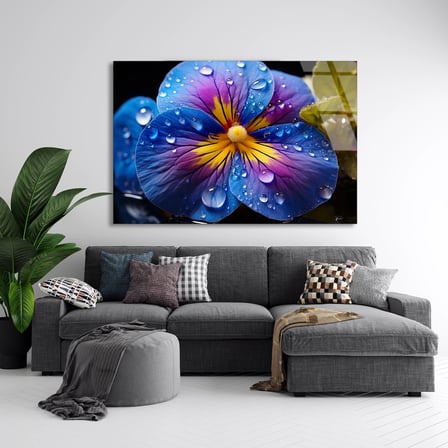 Çiy Damlalı Mavi Menekşe Cam Tablo 50x35 cm