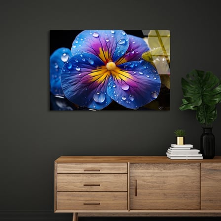Çiy Damlalı Mavi Menekşe Cam Tablo 50x35 cm