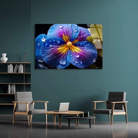 Çiy Damlalı Mavi Menekşe Cam Tablo 50x35 cm