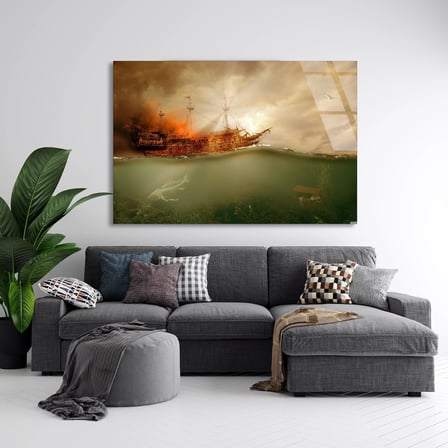Batık Gemi Gün Batımı Cam Tablo 50x35 cm