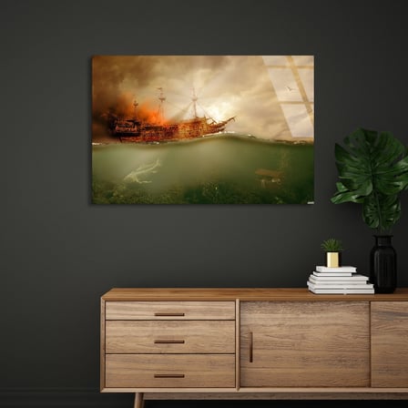 Batık Gemi Gün Batımı Cam Tablo 50x35 cm