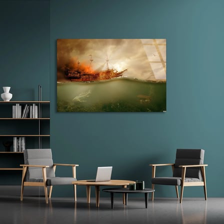 Batık Gemi Gün Batımı Cam Tablo 50x35 cm