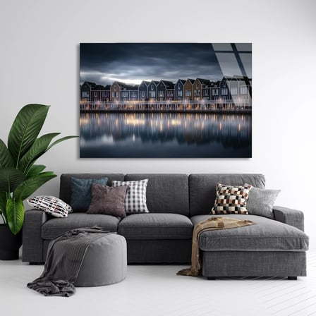 Sahil Evleri Gece Cam Tablo 50x35 cm