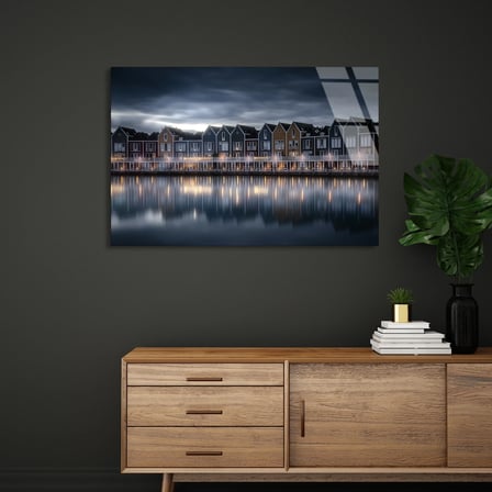 Sahil Evleri Gece Cam Tablo 50x35 cm