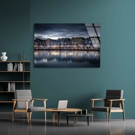 Sahil Evleri Gece Cam Tablo 50x35 cm