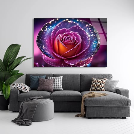 Çiy Damlalı Mor Gül Cam Tablo 50x35 cm