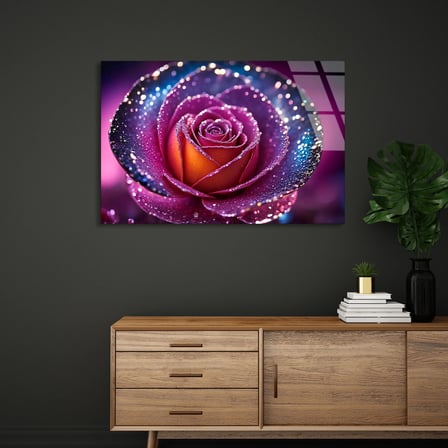 Çiy Damlalı Mor Gül Cam Tablo 50x35 cm
