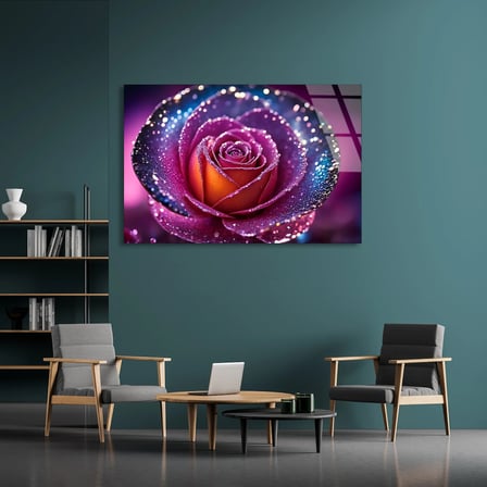 Çiy Damlalı Mor Gül Cam Tablo 50x35 cm