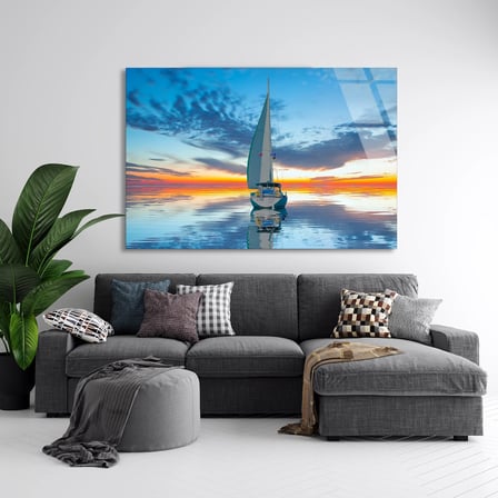 Gün Batımında Yelkenli Cam Tablo 50x35 cm