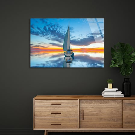 Gün Batımında Yelkenli Cam Tablo 50x35 cm