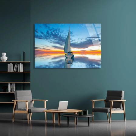 Gün Batımında Yelkenli Cam Tablo 50x35 cm