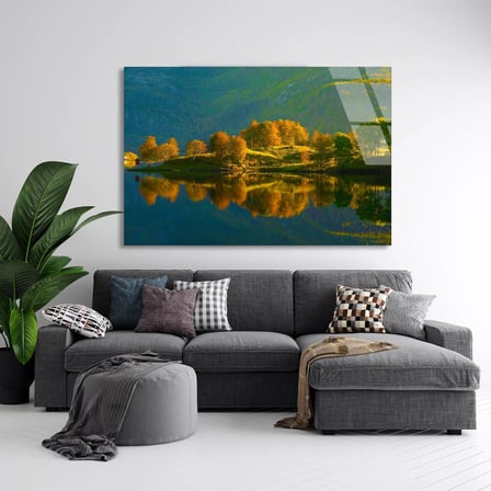 Yeşil Göl Adası Cam Tablo 50x35 cm