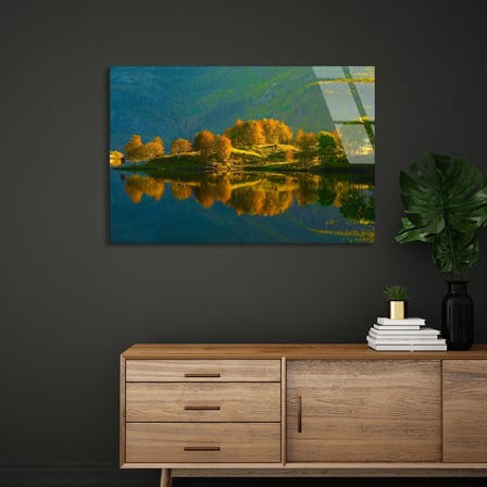 Yeşil Göl Adası Cam Tablo 50x35 cm