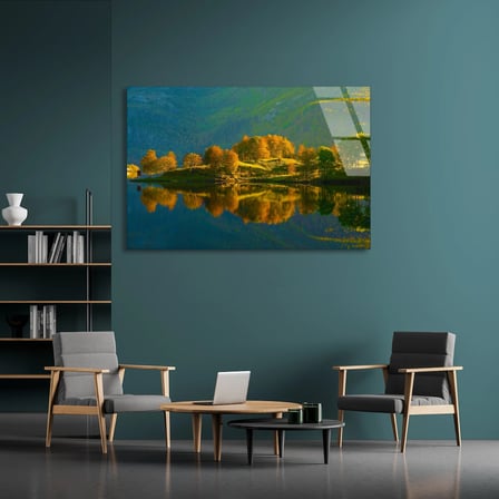 Yeşil Göl Adası Cam Tablo 50x35 cm