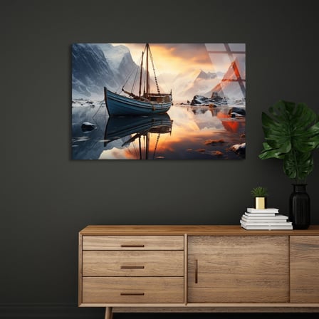 Gölde Ahşap Tekne Cam Tablo 90x60 cm