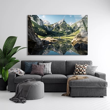 Yeşil Dağ Gölü Cam Tablo 50x35 cm