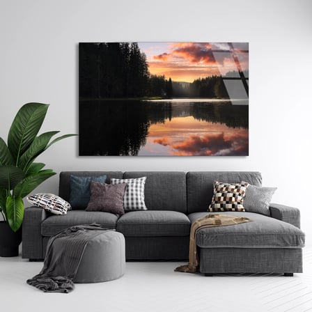 Orman Gölü Gün Batımı Cam Tablo 50x35 cm