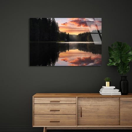 Orman Gölü Gün Batımı Cam Tablo 50x35 cm