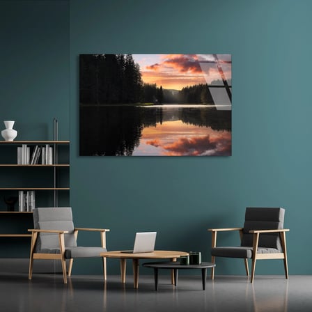 Orman Gölü Gün Batımı Cam Tablo 50x35 cm