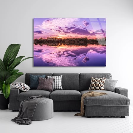 Mor Gökyüzü Göl Cam Tablo 70x50 cm