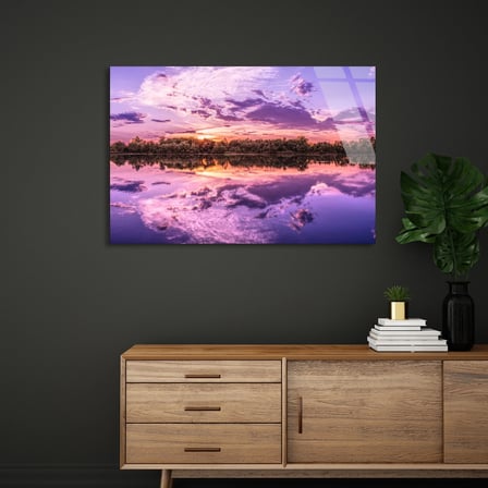 Mor Gökyüzü Göl Cam Tablo 70x50 cm