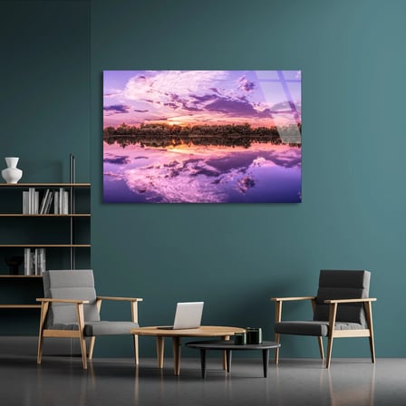 Mor Gökyüzü Göl Cam Tablo 70x50 cm
