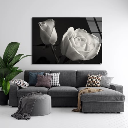 Beyaz Gül Cam Tablo 50x35 cm