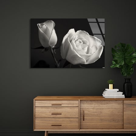 Beyaz Gül Cam Tablo 50x35 cm
