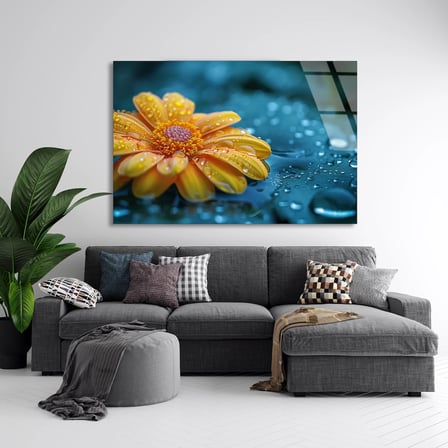 Sarı Çiçek Çiy Cam Tablo 50x35 cm