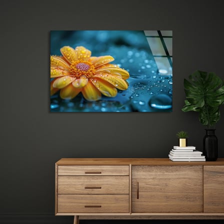Sarı Çiçek Çiy Cam Tablo 50x35 cm