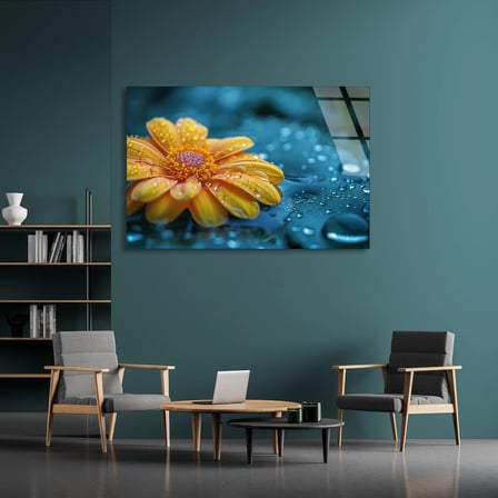Sarı Çiçek Çiy Cam Tablo 50x35 cm