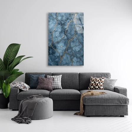 Gri Mavi Mermer Altın Damar Cam Tablo Dikey 35x50 cm