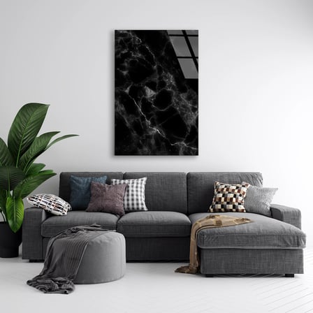 Siyah Mermer Beyaz Damar Cam Tablo Yatay 35x50 cm