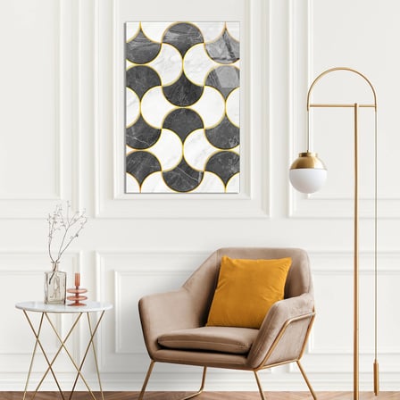 Siyah Beyaz Balık Pulu Desen Mermer Cam Tablo Dikey 35x50 cm