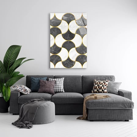 Siyah Beyaz Balık Pulu Desen Mermer Cam Tablo Dikey 35x50 cm