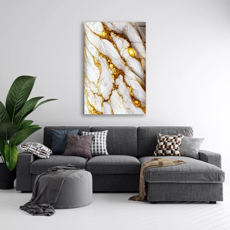 Beyaz Altın Damar Mermer Cam Tablo Dikey 35x50 cm