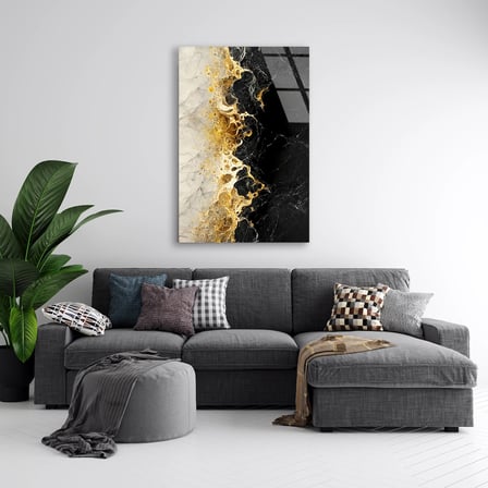 Siyah Altın Mermer Cam Tablo Dikey 80x125 cm