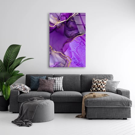 Mor Altın Mürekkep Mermer Cam Tablo Yatay 35x50 cm