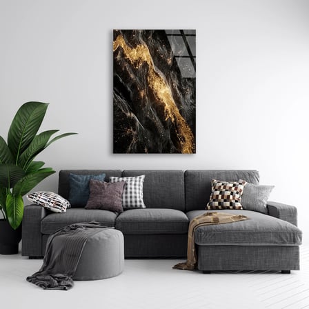 Siyah Altın Mermer Dalga Cam Tablo Dikey 35x50 cm