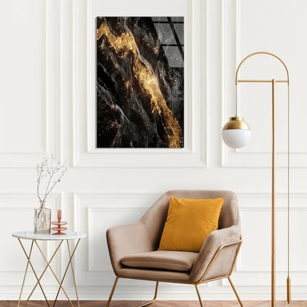 Siyah Altın Mermer Dalga Cam Tablo Yatay 35x50 cm