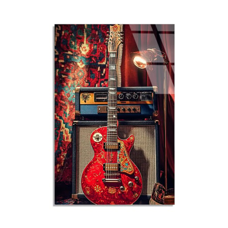 Kırmızı Elektro Gitar Cam Tablo 35x50 cm