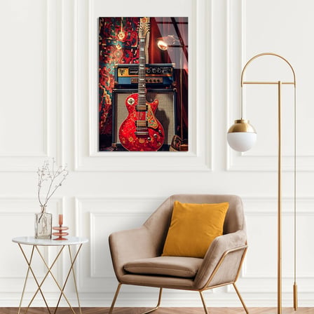 Kırmızı Elektro Gitar Cam Tablo 35x50 cm