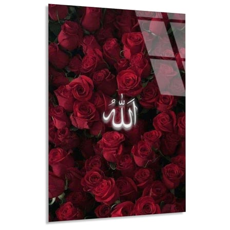 Kırmızı Güller Allah Yazısı Cam Tablo 35x50 cm