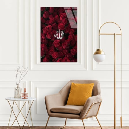 Kırmızı Güller Allah Yazısı Cam Tablo 35x50 cm
