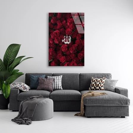 Kırmızı Güller Allah Yazısı Cam Tablo 35x50 cm