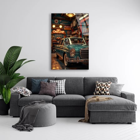Klasik Yeşil Otomobil Cam Tablo 35x50 cm